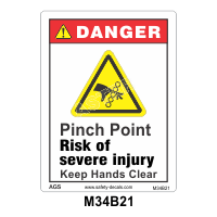 Safety Decals DANGER.  Pinch Point. Risk of Severe injury. Keep Hands Clear 