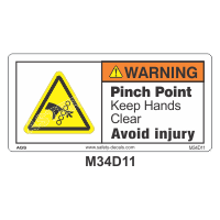 Safety Decals WARNING.  Pinch Point. Keep Hands Clear. Avoid injury.