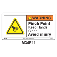 Safety Decals WARNING.  Pinch Point. Keep Hands Clear. Avoid injury.