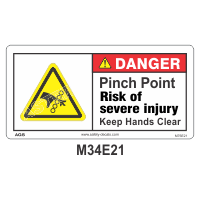 Safety Decals DANGER.  Pinch Point. Risk of Severe injury. Keep Hands Clear 