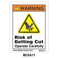 Safety Decals WARNING. Risk of getting cut. Operate carefully
