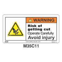 Safety Decals WARNING. Risk of getting cut. Operate carefully. Avoid injury