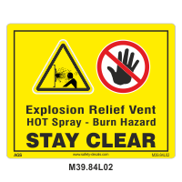 Safety Decals Explosion relief vent. HOT Spray - Burn Hazard. Stay clear