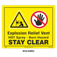 Safety Decals Explosion relief valve. HOT Spray - Burn Hazard. Stay clear