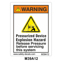 Safety Decals WARNING. Pressurized Device. Explosion Hazard. Release Pressure before servicing this system.