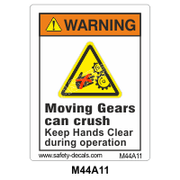 Safety Decals WARNING. Moving Gears can crush. Keep Hands Clear during operation.