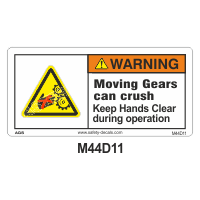 Safety Decals WARNING. Moving Gears can crush. Keep Hands Clear during operation.