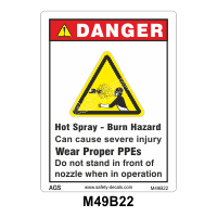 Safety Decals DANGER. Hot Spray. Burn Hazard. Can cause severe injury. Wear proper PPEs. Do Not stand in front of nozzle when in operation
