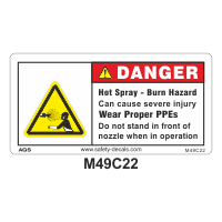 Safety Decals DANGER. Hot Spray. Burn Hazard. Can cause severe injury. Wear proper PPEs. Do Not stand in front of nozzle when in operation