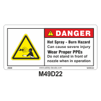 Safety Decals DANGER. Hot Spray. Burn Hazard. Can cause severe injury. Wear proper PPEs. Do Not stand in front of nozzle when in operation