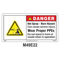Safety Decals DANGER. Hot Spray. Burn Hazard. Can cause severe injury. Wear proper PPEs. Do Not stand in front of nozzle when in operation