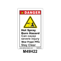 Safety Decals DANGER. Hot Spray. Burn Hazard. Can cause severe injury. Wear proper PPEs. Stay Clear.