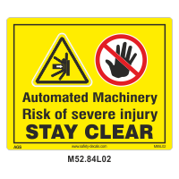 Safety Decals Automated Machinery. Risk of severe injury. Stay clear