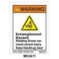 Safety Decals WARNING. Entanglement Hazard. Rotating Screw can cause severe injury. Keep Hand/Leg clear    