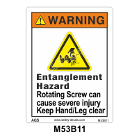 Safety Decals WARNING. Entanglement Hazard. Rotating Screw can cause severe injury. Keep Hand/Leg clear   