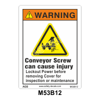Safety Decals WARNING. Conveyor Screw can cause  injury. Lockout Power before removing Cover for inspection or maintenance 