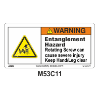 Safety Decals WARNING. Entanglement Hazard. Rotating Screw can cause severe injury. Keep Hand/Leg clear  