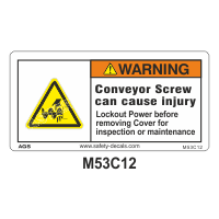 Safety Decals WARNING. Conveyor Screw can cause  injury. Lockout Power before removing Cover for inspection or maintenance 