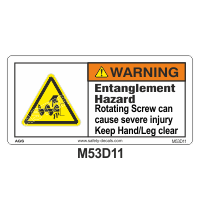 Safety Decals WARNING. Entanglement Hazard. Rotating Screw can cause severe injury. Keep Hand/Leg clear  