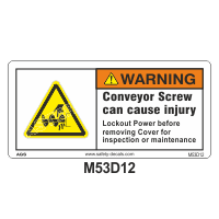 Safety Decals WARNING. Conveyor Screw can cause  injury. Lockout Power before removing Cover for inspection or maintenance 