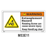 Safety Decals WARNING. Entanglement Hazard. Rotating Screw can cause severe injury. Keep Hand/Leg clear  