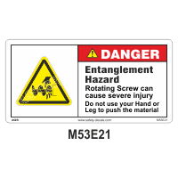Safety Decals DANGER. Entanglement Hazard. Rotating Screw can cause severe injury. Do not use your Hand or Leg to push the material. 