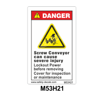 Safety Decals DANGER. Screw Conveyor can cause severe injury. Lockout Power before removing Cover for inspection or servicing.