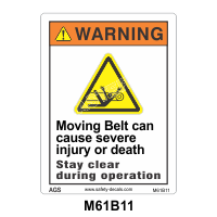 Safety Decals Moving Belt can cause severe injury or death. Stay clear during operation