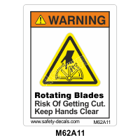 Safety Decals WARNING. Rotating Blades. Risk of Getting Cut. Keep Hands Clear during operation.