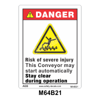 Safety Decals DANGER - Risk of severe injury. Screw Conveyor may start automatically. Stay clear during operation