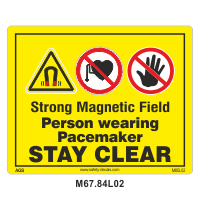 Safety Decals Strong Magnetic Field. Person wearing Pacemaker Stay clear