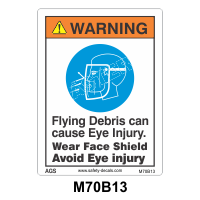 Safety Decals WARNING. Flying debris can cause eye injury. Wear Face Shield. Avoid Eye injury.