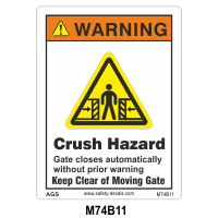 Safety Decals WARNING.  Crush Hazard. Gate closes automatically without prior warning. Keep Clear of moving gate