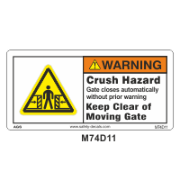 Safety Decals WARNING.  Crush Hazard. Gate closes automatically without prior warning. Keep Clear of moving gate