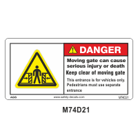 Safety Decals DANGER Moving gate can cause serious injury or death. Keep clear of moving gate. This entrance is for vehicles only. Pedestrians must use separate entrance 