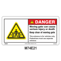 Safety Decals DANGER Moving gate can cause serious injury or death. Keep clear of moving gate. This entrance is for vehicles only. Pedestrians must use separate entrance 