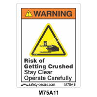 Safety Decals WARNING.  Risk of Getting Crushed. Stay clear. Operate carefully  