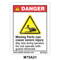 Safety Decals DANGER. Moving Parts can cause severe injury. Stay clear during operation. Do not operate with guard removed. 