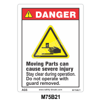Safety Decals DANGER. Moving Parts can cause severe injury. Stay clear during operation. Do not operate with guard removed. 