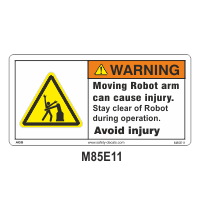 Safety Decals WARNING.  Moving Robot arm can cause injury. Stay clear of Robot during operation. Avoid injury